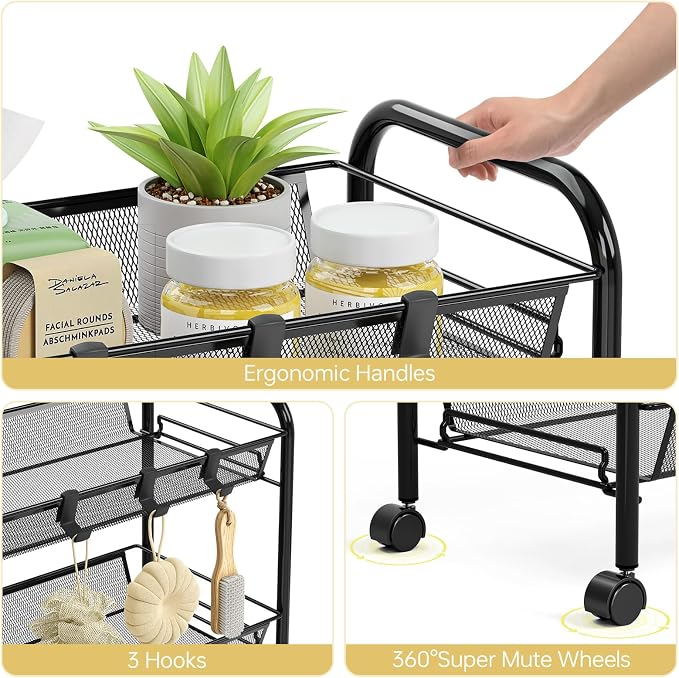 TOOLF 5 Tier Rolling Cart, Metal Utility Storage Cart with Wheels, Black | 3 Hooks, Screwless Assembly, Trolley Organizer for Bathroom, Kitchen, Office, Nursery, Dorm, Laundry Room