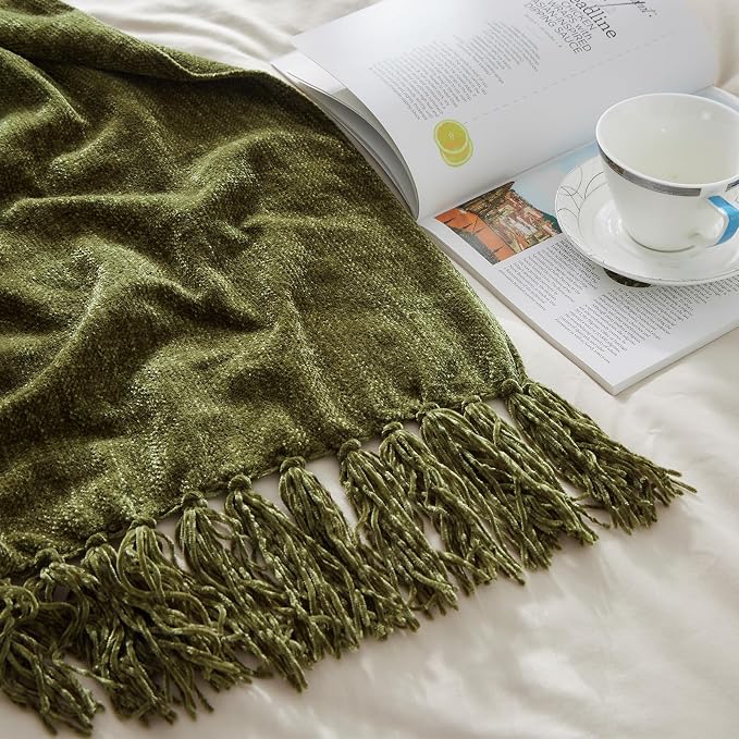 CozeCube Chenille Throw Blanket, Olive Green Fringe Blanket, 50"X60" | For Couch, Cozy Plush Fuzzy Decorative Blanket with Fringe Tassels, Lightweight Throws for Bed Sofa Gift Home Decor