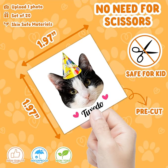Custom Cat Face Temporary Tattoos - Personalized Pre-Cut Photo Cat Face Tattoos with Birthday Hat and Cat Name or Text - Funny Party Favors for Birthday, Cat Lovers - Set of 20 Unique Gifts