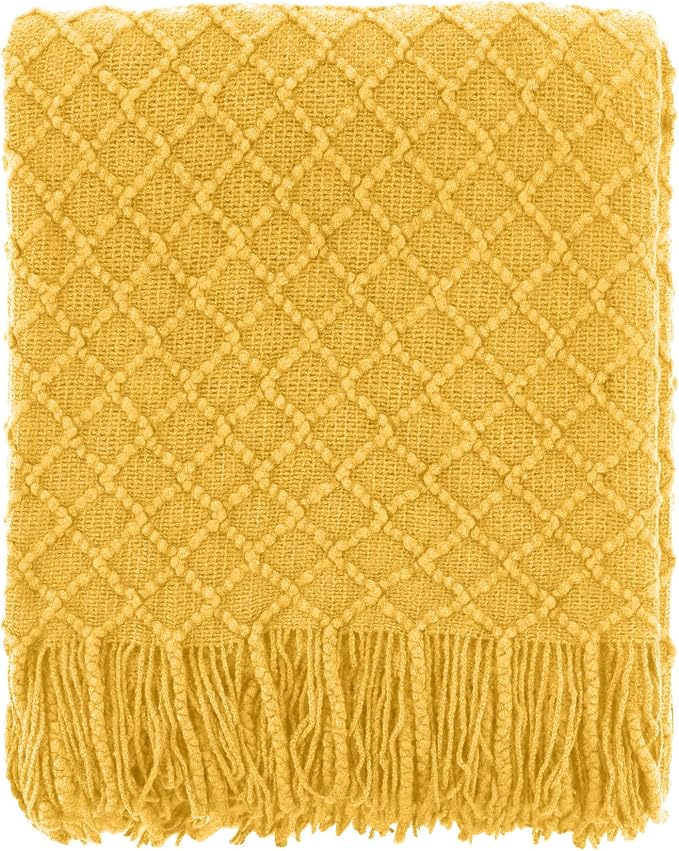 CREVENT Farmhouse Boho Knitted Throw Blanket for Couch Sofa Chair Bed Home Decoration, Soft Warm Cozy Light Weight for Spring Summer Fall (60''X80'' Mustard)