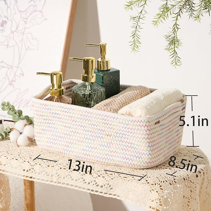 MiniArk Small Storage Baskets for Organizing | Closet Organizer Bins | Shelf Toy Basket | Woven Rope Baskets | Cube Decorative Box | Shallow Basket | 13x8.5x5.1” | 3 Packs Rainbow