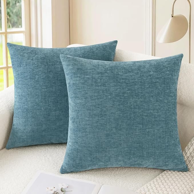 CaliTime Decorative Couch Throw Pillow Covers 16 X 16 Inches Smoke Blue | Pack of 2, Cozy Chenille Cushion Cases for Sofa Bed Living Room Farmhouse Home