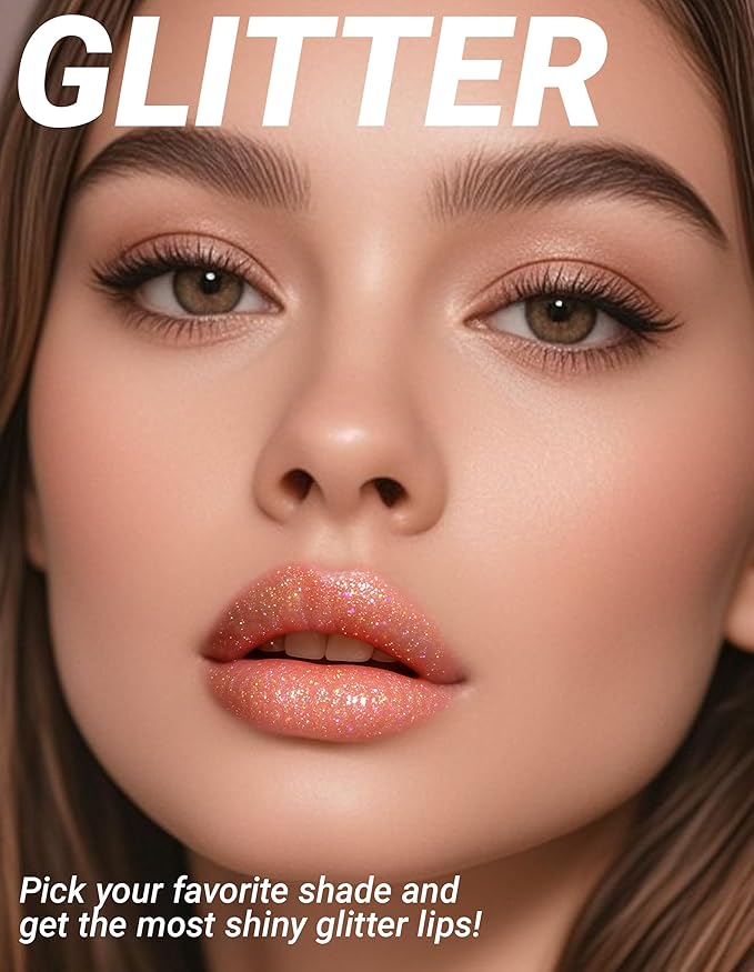 Erinde Glitter Shimmer Lip Gloss, Hydrating High-Shine Glimmer Finish & Sheer Wash Of Color Lip Oil, Non-Sticky, Moisturizing Lip Makeup, Bling Sparkle Lip Gloss Lipstick, Vegan & Cruelty-Free, 01