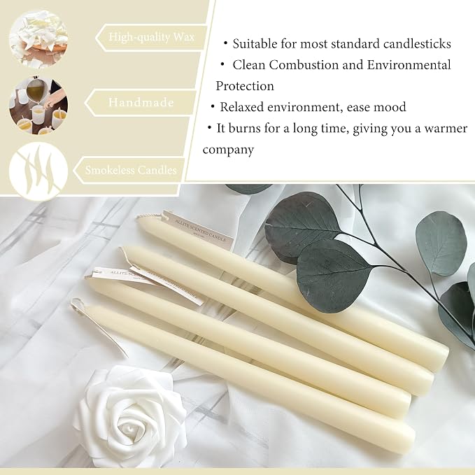 Ivory Taper Candles 4 Pack Vanilla Cream Scented Candles 10 inch Long Candlesticks for Wedding Festiva Dinner Holiday Decor