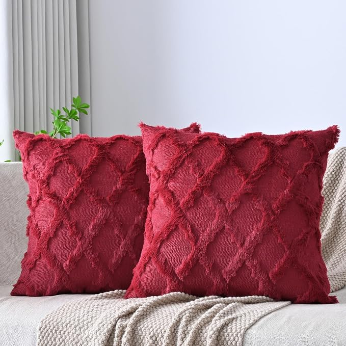 Set of 2 Soft Moroccan Throw Pillow Covers 16x16 Inch Plush Boho Decorative Pillow Cover Accent Cushion Case for Couch Sofa Bed, Burgundy