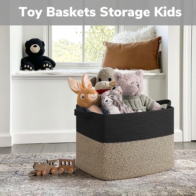 Goodpick 50L Large Woven Storage Basket, 18" x 14" x 12", Black Jute | Decorative Gift Basket for Nursery & Bedroom Organization, Wicker Baskets for Blankets, Pillows & Toys Storage, Rectangle