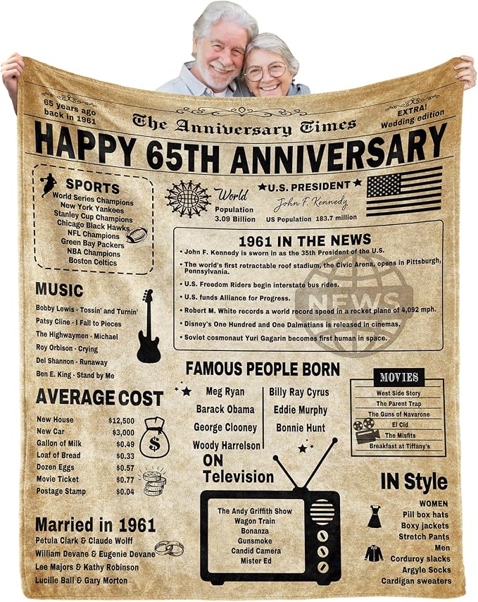65th Anniversary Blanket Gifts Gift for 65th Blue Sapphire Wedding Anniversary 65 Years of Marriage Gifts for Wife Husband Dad Mom Parents Grandpa Grandma Grandparents Back in 1961 Blanket 60x50