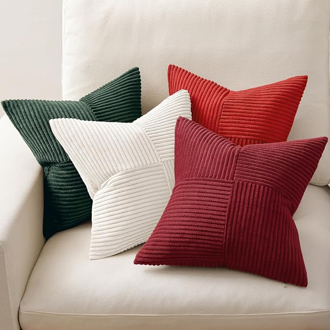 MIULEE Boho Christmas Red Decorative Throw Pillow Covers 18x18 Set of 4 Farmhouse Cushion Covers Color-Clash Corduroy Pillow Cases Modern Soft Corduroy Patchwork Home Decor for Couch Sofa Bedroom