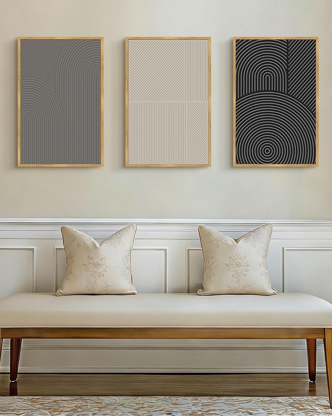 Drsoum Mid-Century Modern Framed Wall Art Large 16x24in Minimalist Abstract Boho Neutral Line Wall Decor Geometric Artwork Kitchen Dining Room Natural Framed