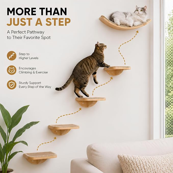 2 Set Wooden Cat Wall Shelves with Sisal Mat, Cat Wall Furniture Steps | 10"L x 9.2"W x 4"H Wall Mounted Cat Stairs, Cats Wall Furniture Steps, Space Saving, for Jumping, Playing & Lounging