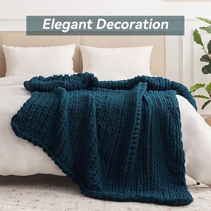 Negwoo Chunky Knit Throw Blanket, Knitted Throw Chenille Yarn, 50"*60" | Soft Thick Cable Knitted Blankets, Handmade Big Thick Blanket,Machine Washable Cute Comfy Blanket for Home Decor,Peacock blue