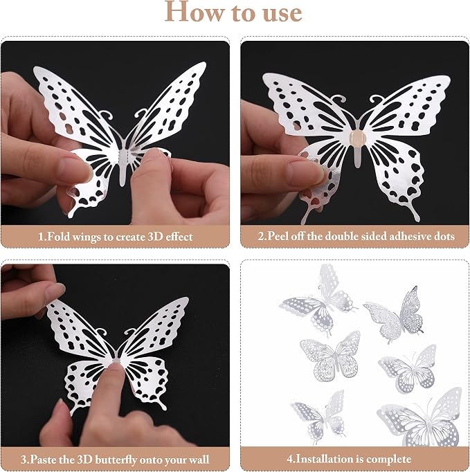 SAOROPEB 3D Butterfly Wall Decor, 48 Pcs 4 Styles 3 Sizes, Removable Metallic Wall Sticker Room Mural Decals for Kids Bedroom Nursery Classroom Party Decoration Wedding Decor DIY Gift (Sliver) | 4 Styles 3 Sizes, Removable Metallic Wall Sticker Mural D...