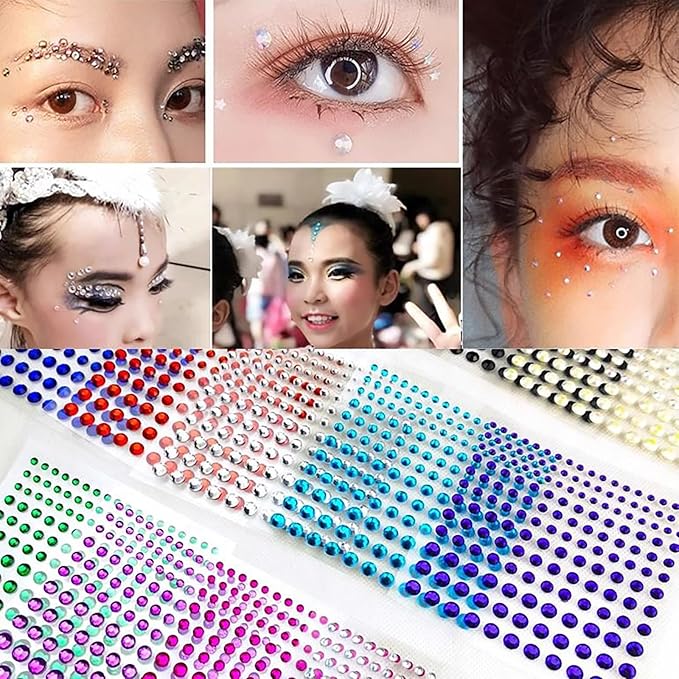 2640Pcs Rhinestone Stickers Self Adhesive Facial Gem Stickers 4 Sizes 16 Colors for DIY Crafts Nail Art Body Makeup Festival Holiday Cards Kids Craft Decorations