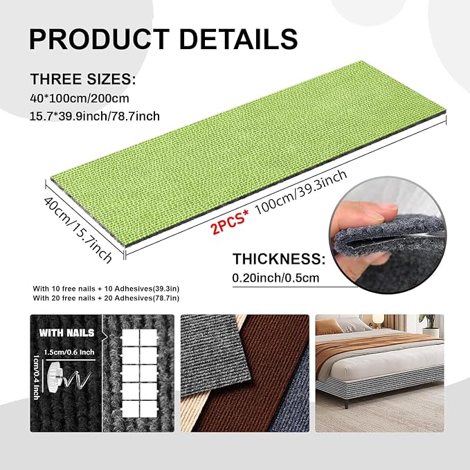 Cat Scratch Couch Furniture Protector from Cat Claws, Green, 78.7x15.8In | Self-Adhesive Cat Scratch Pad Deterrent for Furniture, DIY Climbing Cat Scratcher for Sofa Corners, Walls, Doors-with 20 Pins