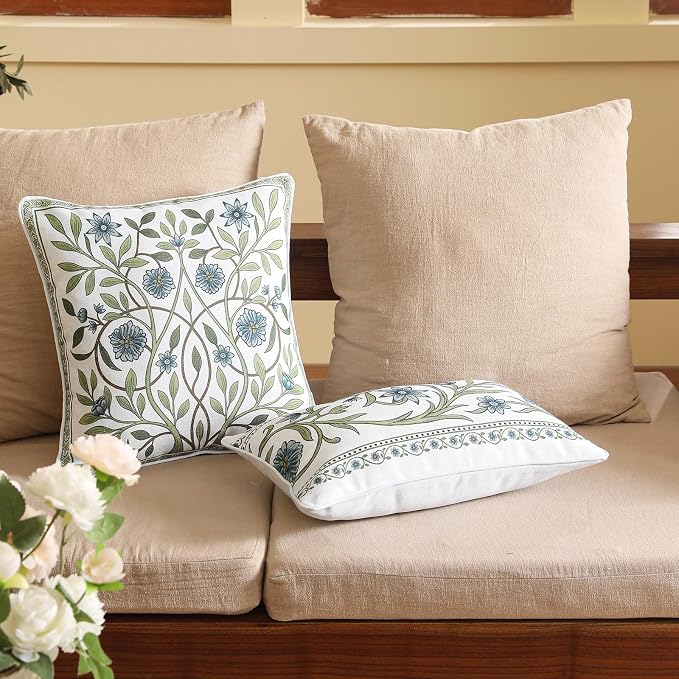 Designer Vintage Linen Throw Pillow Cover,18"x18"-Mosella D | French Elegant Square Decor Pillow Cover,Concealed Zipper Design,Floral Pattern,Sofa,Bedroom,Living Room,Lounge Chairs