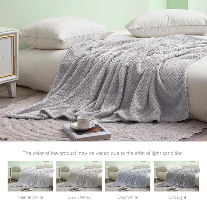 Exclusivo Mezcla Soft Fleece Bed Blanket King Size, 90”x104”, Light Grey | Cozy Fluffy Lightweight Blankets for Summer, Decorative Plush Flannel Throws for Living room, Bedroom with Leaves Pattern