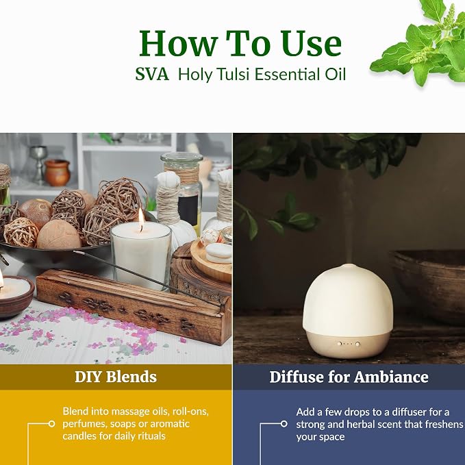 SVA Holy Tulsi Essential Oil 1/3 Fl Oz – for Diffuser, Skin & Hair Care – Ideal for Massage & DIY Blends
