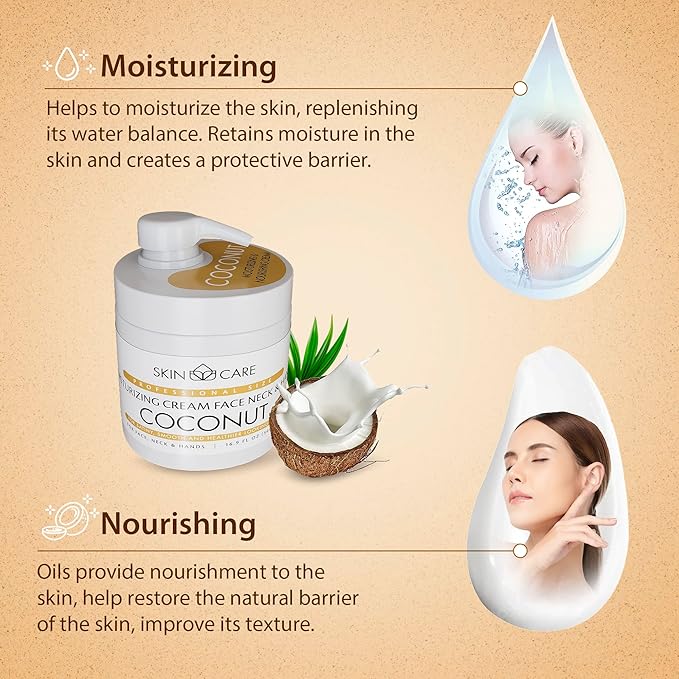 Skin Care Coconut Oil 3-in-1 Moisturizer Face Cream, Neck and Hands - Treatment for Crepey Texture, Wrinkles and Sagging - Daily Lotion for All Skin Types - 16.9 fl. oz.