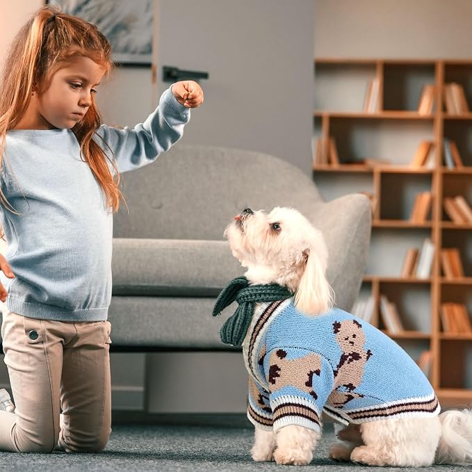 ABRRLO Small Dog Sweaters Cute Bear Dog Cardigans Clothes for Small Medium Dogs Boy Girl Puppy Cat Knitting Cardigan Outfits Dogs Winter Coats Warm Pet Doggy Clothes Soft Knitwear Apparel (Blue,S)