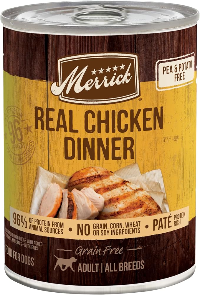 Merrick Grain Free Premium and Natural Canned Dog Food,Soft and Healthy Wet Recipe,Real Chicken Dinner - 12.7 oz. Cans,(Pack of 24)