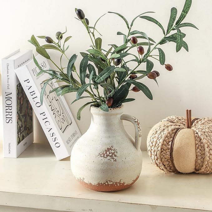 Ceramic Flower Vase Home Decor - 7.1 Inch Farmhouse Vases Rustic Vintage Living Room Kitchen Bedroom Decorations for House Book Shelf Office Coffee Desk Dining Fireplace
