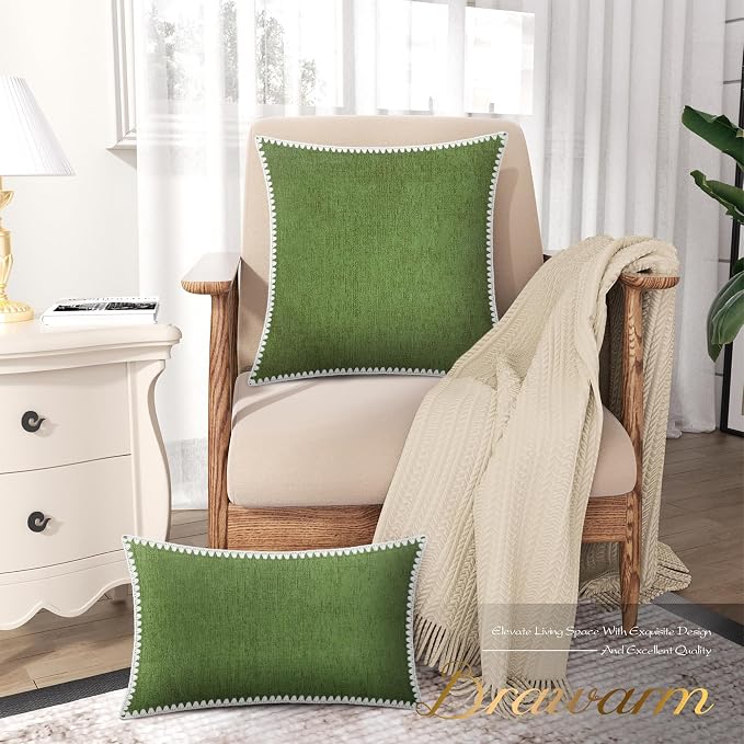 BRAWARM Chenille Throw Pillow Covers 18x18 Inches, Forest Green, 2 Pack | Decorative Pillow Covers with Shell Edge, Soft Cushion Cases for Sofa Bed Living Room Home Farmhouse (No Insert)