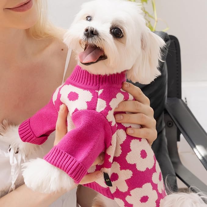 Fitwarm Floral Dog Sweater - Thermal Dog Sweatshirt, Hot Pink, White, Small