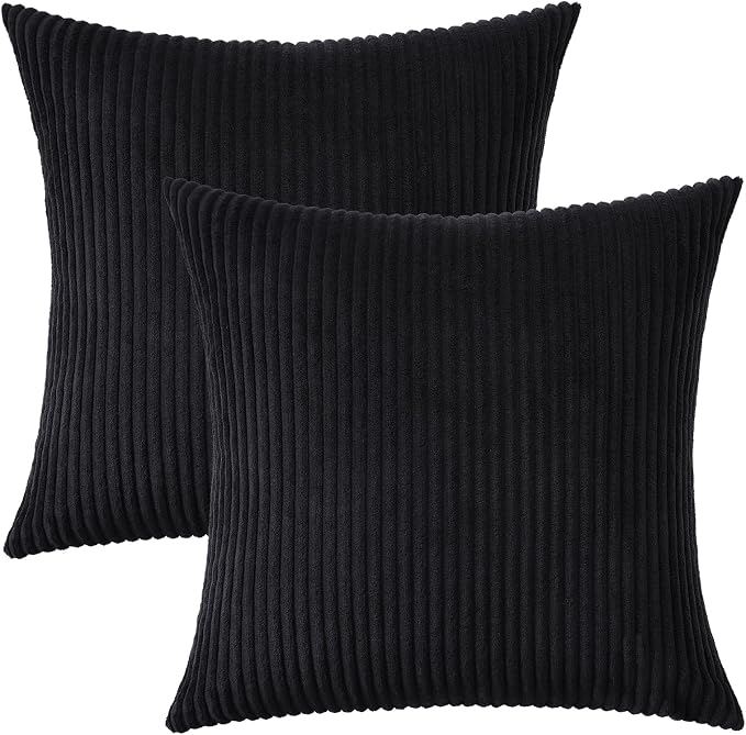 Mecatny Corduroy Decorative Throw Pillow Covers 18x18 Set of 2 Black | Soft Striped Texture, Hidden Zipper Design, Neutral Boho Square Pillow Cases for Sofa Couch Living Room Bedroom, Home Décor