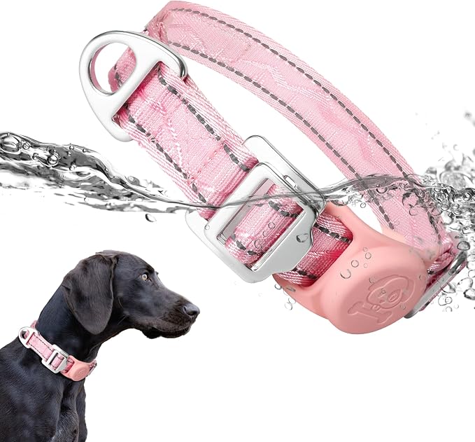 AirTag Dog Collar, Reflective Nylon, Metal Buckle, IP68, Dog Collar with AirTag Holder, Heavy Duty Dog Collars for Large Medium Small Dogs (Blush Pink, S：Width 3/4",Neck 9.8"-15.4")