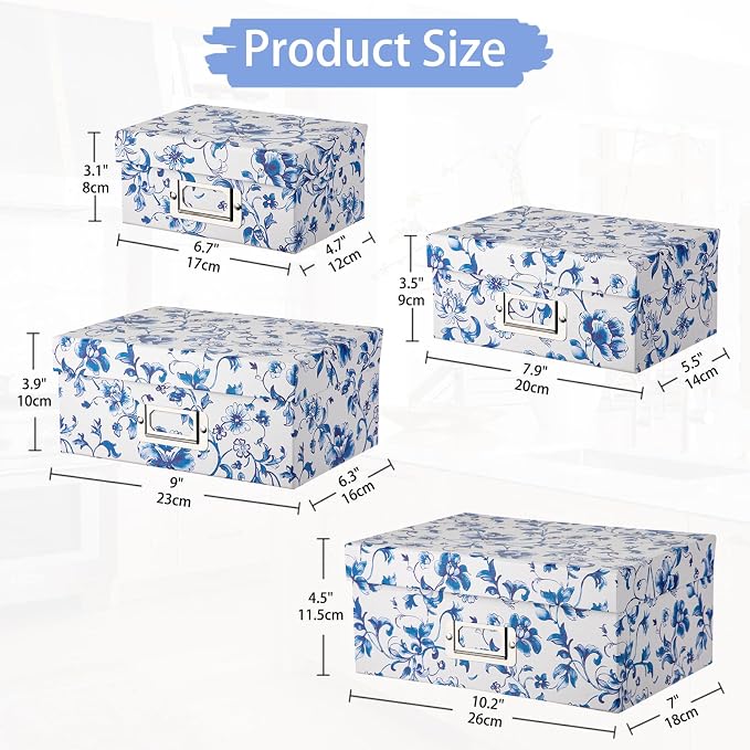 Briful Blue and White Porcelain Storage Boxes with Lids, Set of 4 – Chinoiserie Nested Card Photo Storage Box Organizer, Decorative Paperboard Box for Closet, Office, Gifts,Cosmetic,Books