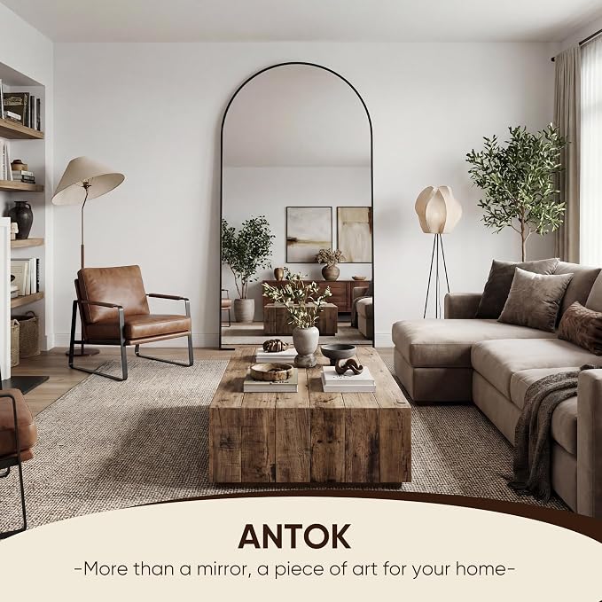 Antok 86" x46” Arched Full Length Floor Mirror, Black Aluminum Frame, Free Standing/Wall Mount/Leaning for Bedroom, Living Room, Dressing Room