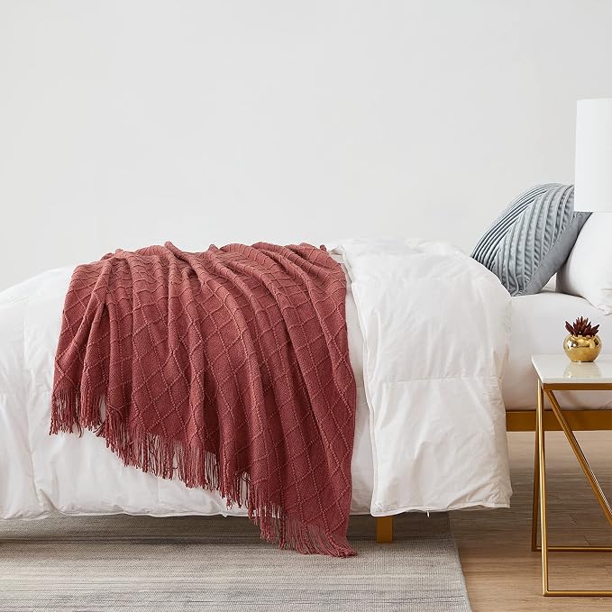 BOURINA Burgundy Throw Blanket 50x60 Inch Knitted Soft Throw Sofa Blanket | Knitted Throw Blanket 50x60 Inches, Soft Lightweight Boho Weave Throw Decorative Couch Blanket for Living Room Bedroom Chair