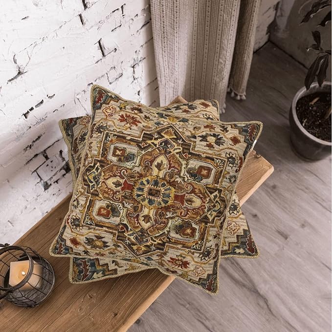 KSLIDS Boho Brown Soft Velvet Throw Pillow Covers Set of 2 Vintage Bohemian Rug Carpet Decorative Pillow Covers 18x18 Inch Antique Ethnic Pillow Case for Sofa Couch Living Room Home Decor