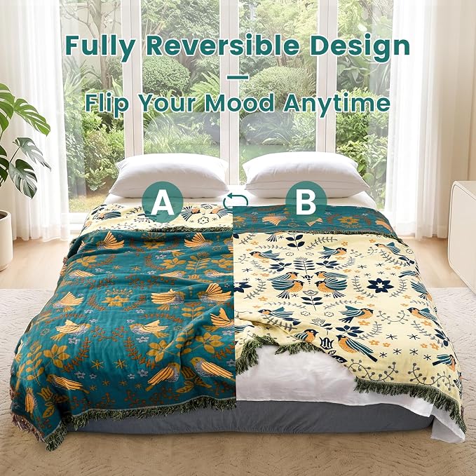 MSGKV Boho Throw Blanket 50"x60" Cotton Blanket for Couch & Living Room | 50"x60" Cotton Throw, Woven Bird Blanket, Living Room Decor, Summer Comfort, Decorative Throw, Sofa Cover, Machine Washable