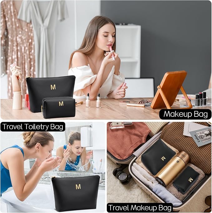 Women Gifts | Initial Makeup Bag for Girl Personalized Gifts for Bridesmaid Friend PU Leather Cosmetic Travel Toiletry Bag(Black,M)