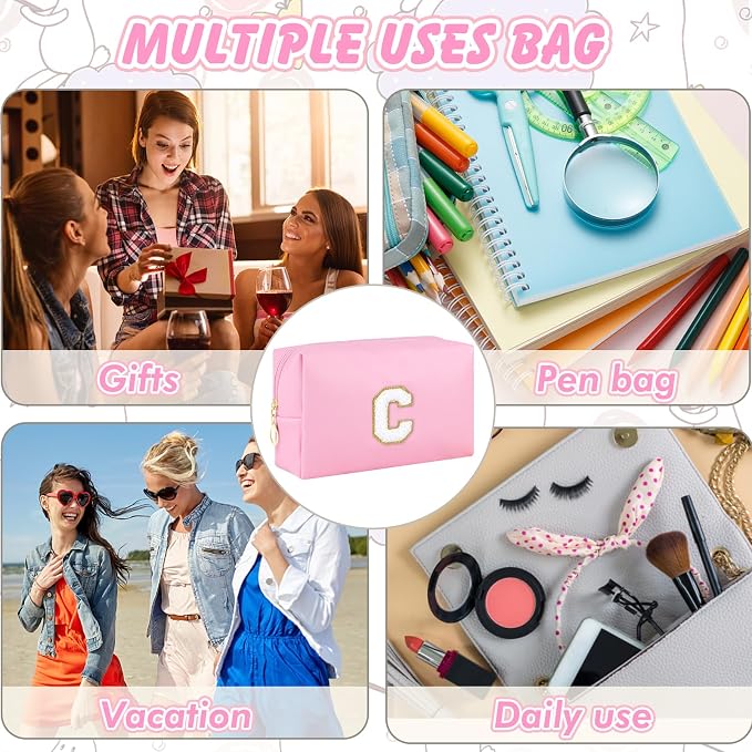 URSKYTOUS Initial Makeup Bag Personalized Cosmetic Bag with Zipper Cute Travel Toiletry Bag PU Waterproof Makeup Pouch Monogrammed Birthday Gift for Women Preppy Stuff for Teen Girls (Pink C)