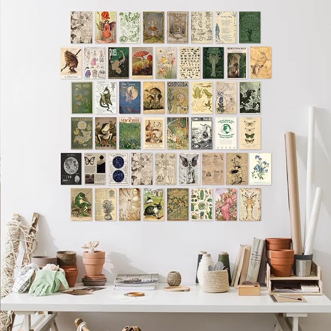 KBKBART Vintage Fairycore Wall Collage Kit Unframed, 50Pcs Fairy Posters | 4x6inch, Fairy Room Decor Aesthetic Pictures, Earthy Vintage Fairy Wall Art Print Mushroom Pictures for Dorm Bedroom