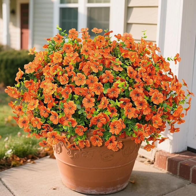 24 Pcs Artificial Fall Flowers, Fake Mums for Outdoors, Orange | Lifelike faux mums, silk flower, UV resistant, no-maintenance, for autumn Thanksgiving garden porch yard indoor outdoor decor