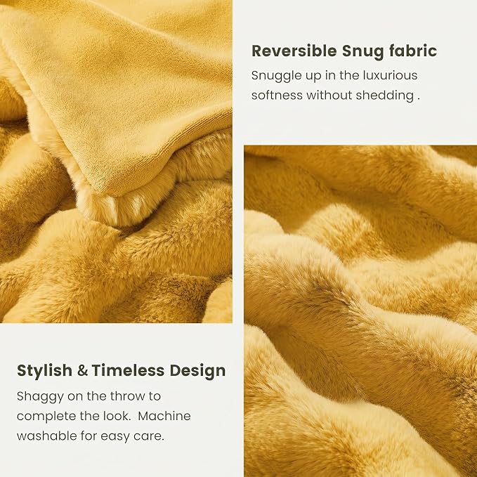 Cozy Bliss Faux Fur Throw Blanket for Couch, Fuzzy Soft Plush Thick Bubble Blanket for Sofa Bedroom Living Room, 50 * 60 Inches Yellow