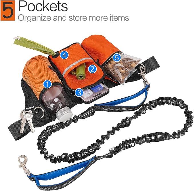 Hands Free Dog Leash Waist Pack with Bungee & Treat Pouch Oxford Water-Resistant Multi-Pocket Belt for Walking Hiking Jogging and Dog Walking (Purple)