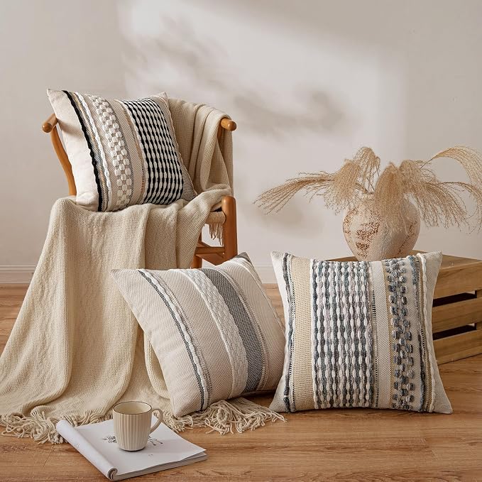 ANRODUO Boho Decorative Pillow Covers Gray Blue Stripe 26x26 Inch Pack of 2 | Euro Throw Pillow Covers, Farmhouse Cushion Case, Chenille Pillow Cases, Pillow Covers, Neutral Pillowcase for Sofa Couch Bed