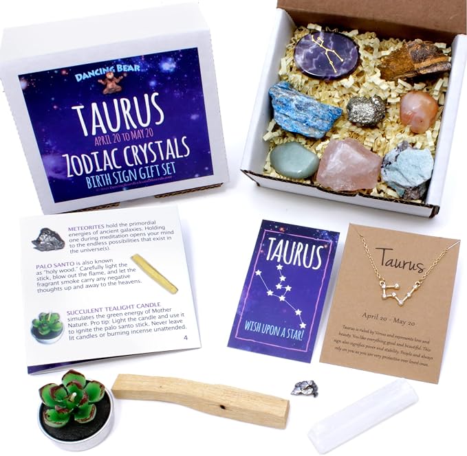 DANCING BEAR Taurus Zodiac Healing Crystals Gift Set (14 Pc): 9 Stones, 18K Gold-Plated Constellation Necklace, Meteorite, Succulent Candle, Palo Santo Smudge Stick & Info Guide, Made in The USA