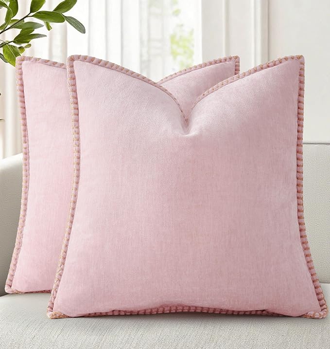 decorUhome Soft Chenille Throw Pillow Covers 16x16 Set of 2 Blush Pink | Fall Textured Decorative Throw Pillow Cases Stitched Edge Modern Farmhouse Luxury Boho Velvet for Couch Sofa Bed Home Decor