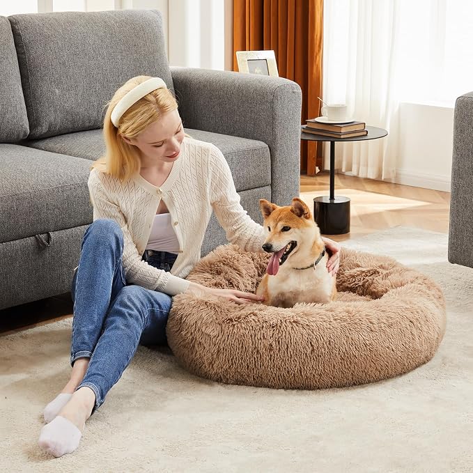 DUMOS 37.4x37.4 Inch XL Donut Dog Bed for Indoor Use, Fluffy Faux Fur Plush | Warming Cozy Round Pet Bed, Machine Washable Cuddler, Anti-Slip Bed for Dogs and Cats, Brown