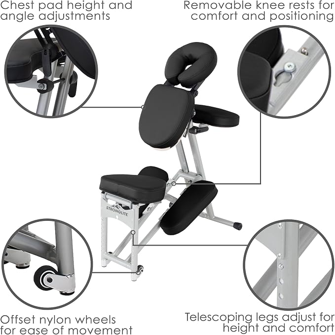 STRONGLITE Portable Massage Chair Ergo Pro II - Ultra-Strong, Lightweight, Foldable Tattoo Spa Chair with Wheels & Carry Case (600lbs Working Weight), Black
