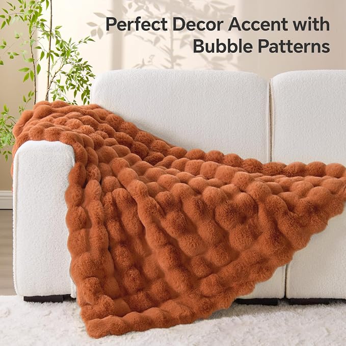 BEDELITE Faux Fur Throw Bubble Blanket for Couch, 50" x 60", Burnt Orange | 870GSM Soft Cozy Plush Blanket for Sofa & Bed Living Room Decor, Warm Fuzzy Faux Rabbit Fur for Women Gift, All Season Use