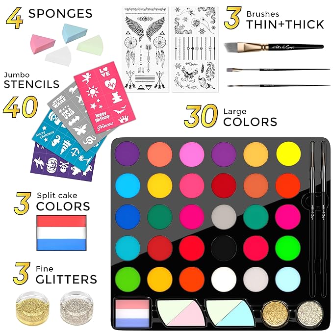 Face Paint Kit for Kids – 30 Vibrant Washable Colors, Non-Toxic & Stain-Free, Paints 60+ Faces, Includes Glitter, Brushes & Stencils – Perfect for Birthdays, Halloween & Parties