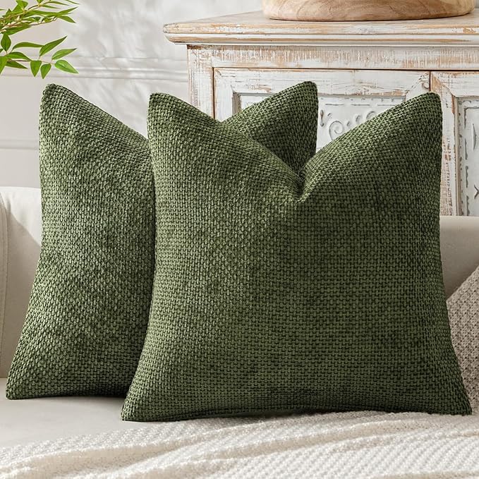MIULEE Decorative Couch Throw Pillow Covers 20x20 Inch Olive 2 Pack | Modern Boho Accent, Soft Chenille Pillow Covers, Farmhouse Cushion Cases for Home Decor Bed Sofa Living Room