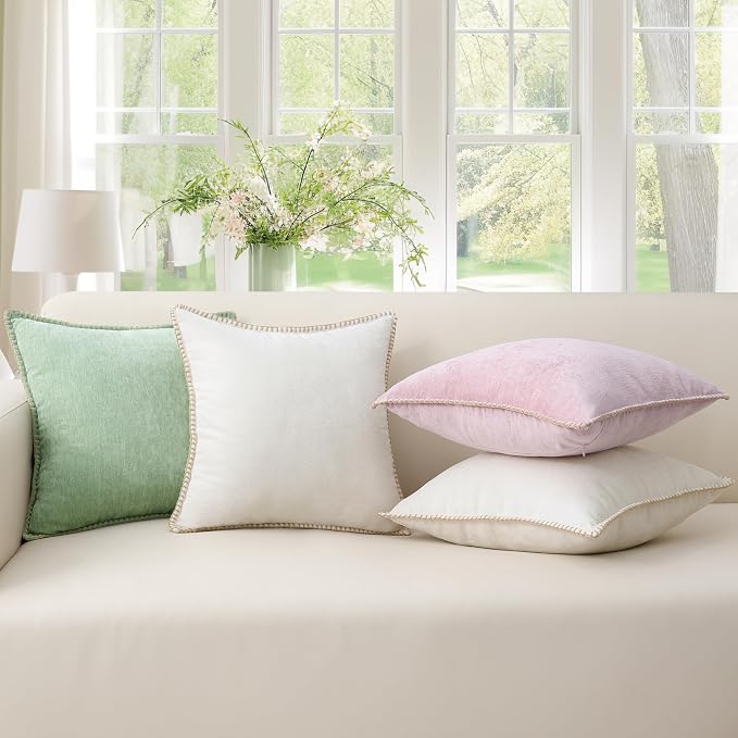 decorUhome Soft Chenille Throw Pillow Covers 24x24 Set of 2 Blush Pink | Fall Textured Decorative Throw Pillow Cases Stitched Edge Modern Farmhouse Luxury Boho Velvet for Couch Sofa Bed Home Decor
