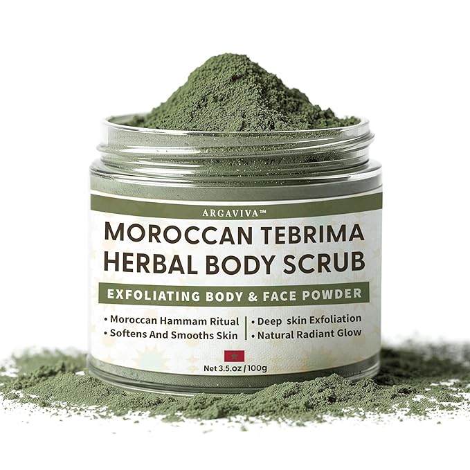 Moroccan Tebrima Herbal Exfoliating Body Scrub Powder | Natural Body Exfoliator for Women & Men, Gentle Bikini Exfoliating Scrub with Nila, Henna, Rose & White Clay for Smooth, Glowing Skin